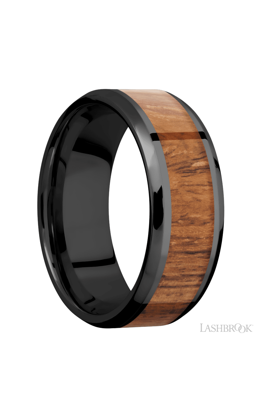 8 mm wide/Beveled/Zirconium band with one 5 mm Centered inlay of Desert Iron Wood.