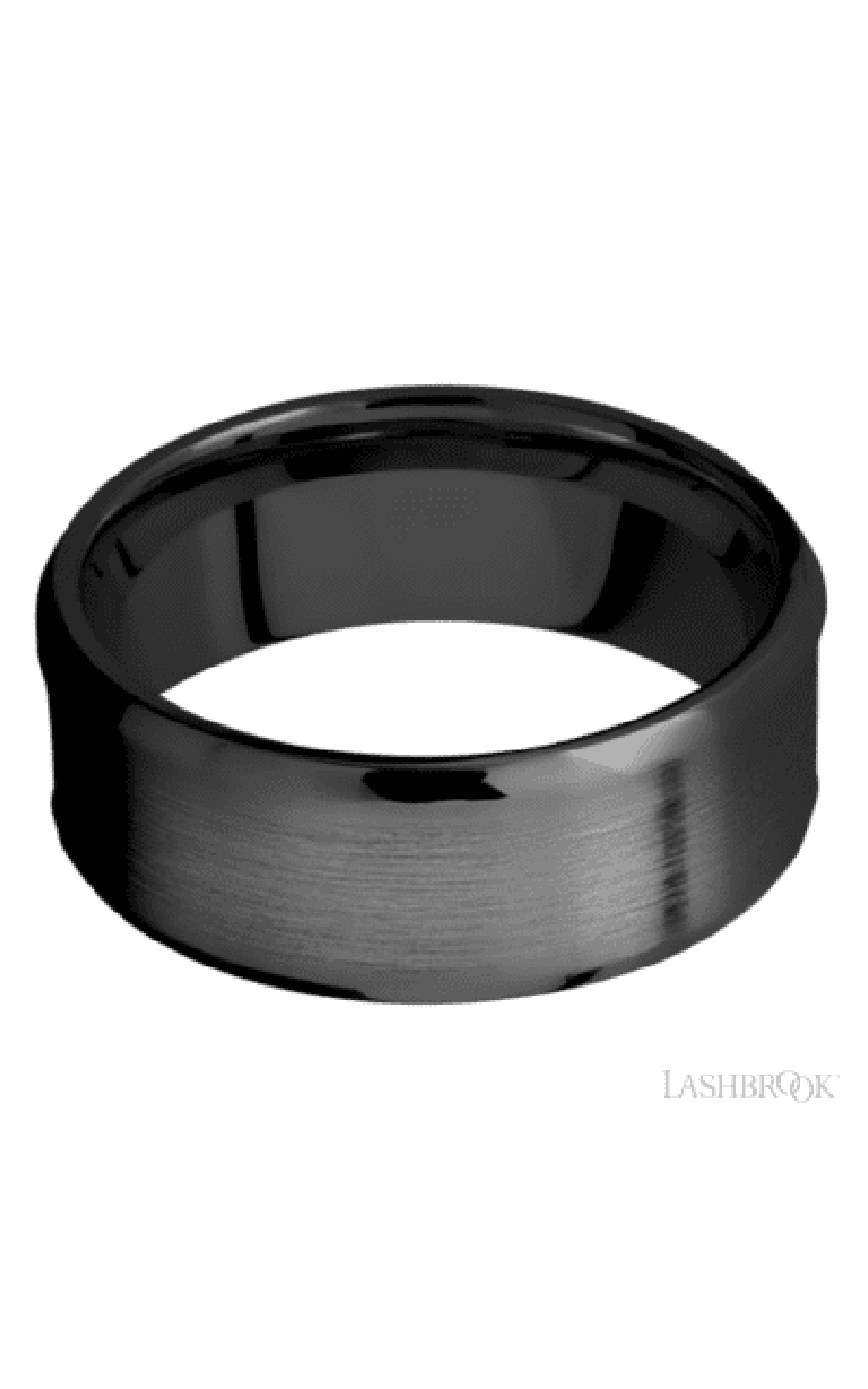 8 mm wide/Beveled/Zirconium band with one 5 mm Centered inlay of Desert Iron Wood.