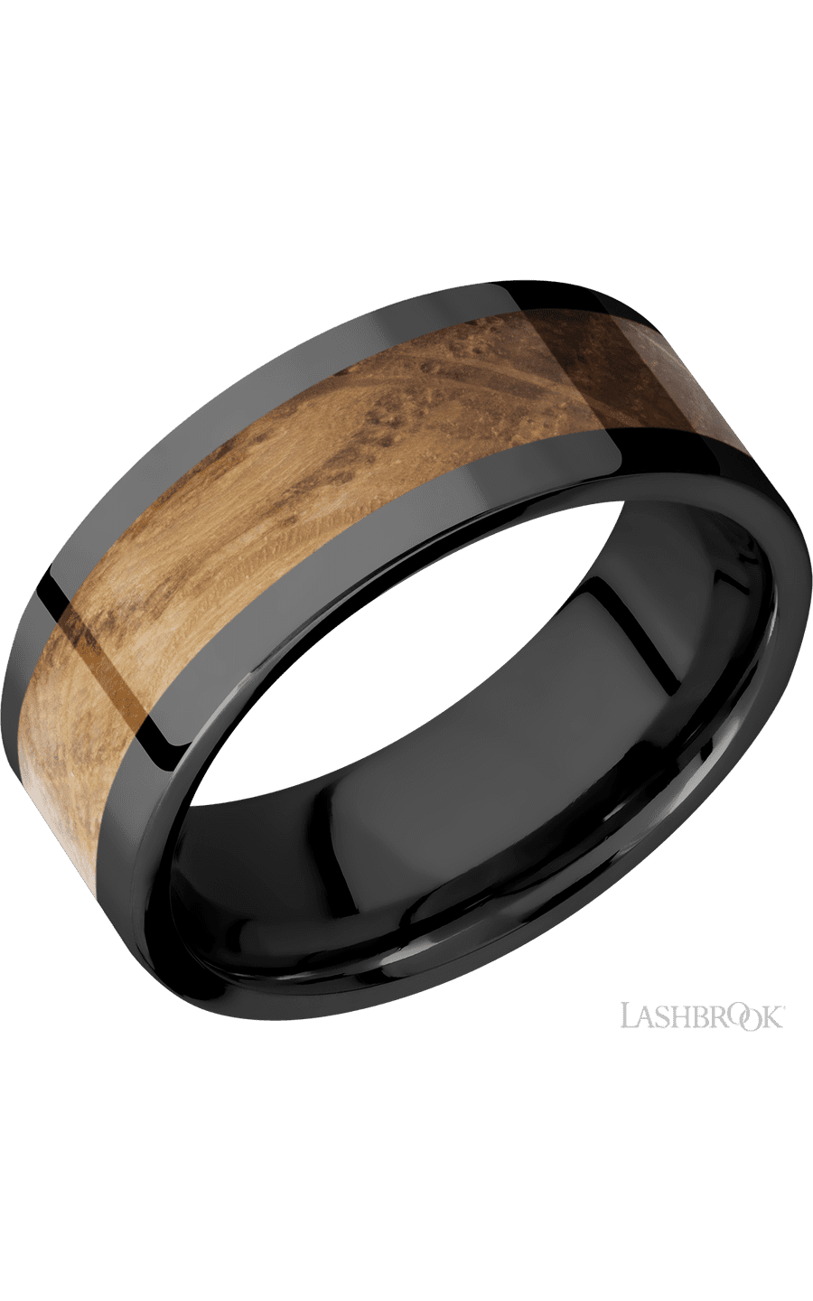 8 mm wide/Flat/Zirconium band with one 5 mm Centered inlay of Whiskey Barrel.