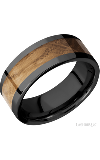8 mm wide/Flat/Zirconium band with one 5 mm Centered inlay of Whiskey Barrel.