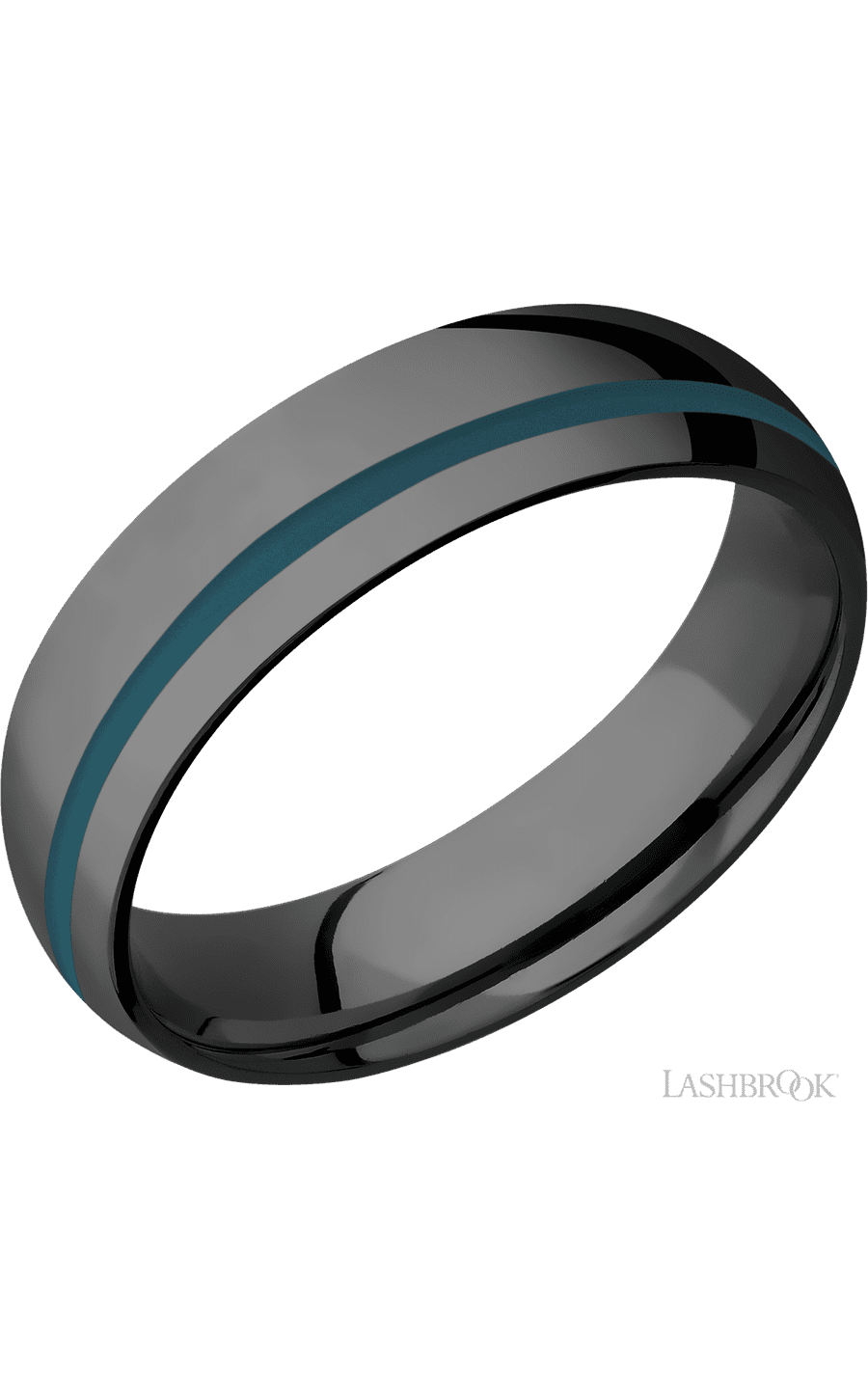 6 mm wide/Domed/Zirconium band with one 1 mm Off Center inlay of Ridgeway Blue.