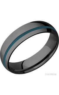 6 mm wide/Domed/Zirconium band with one 1 mm Off Center inlay of Ridgeway Blue.