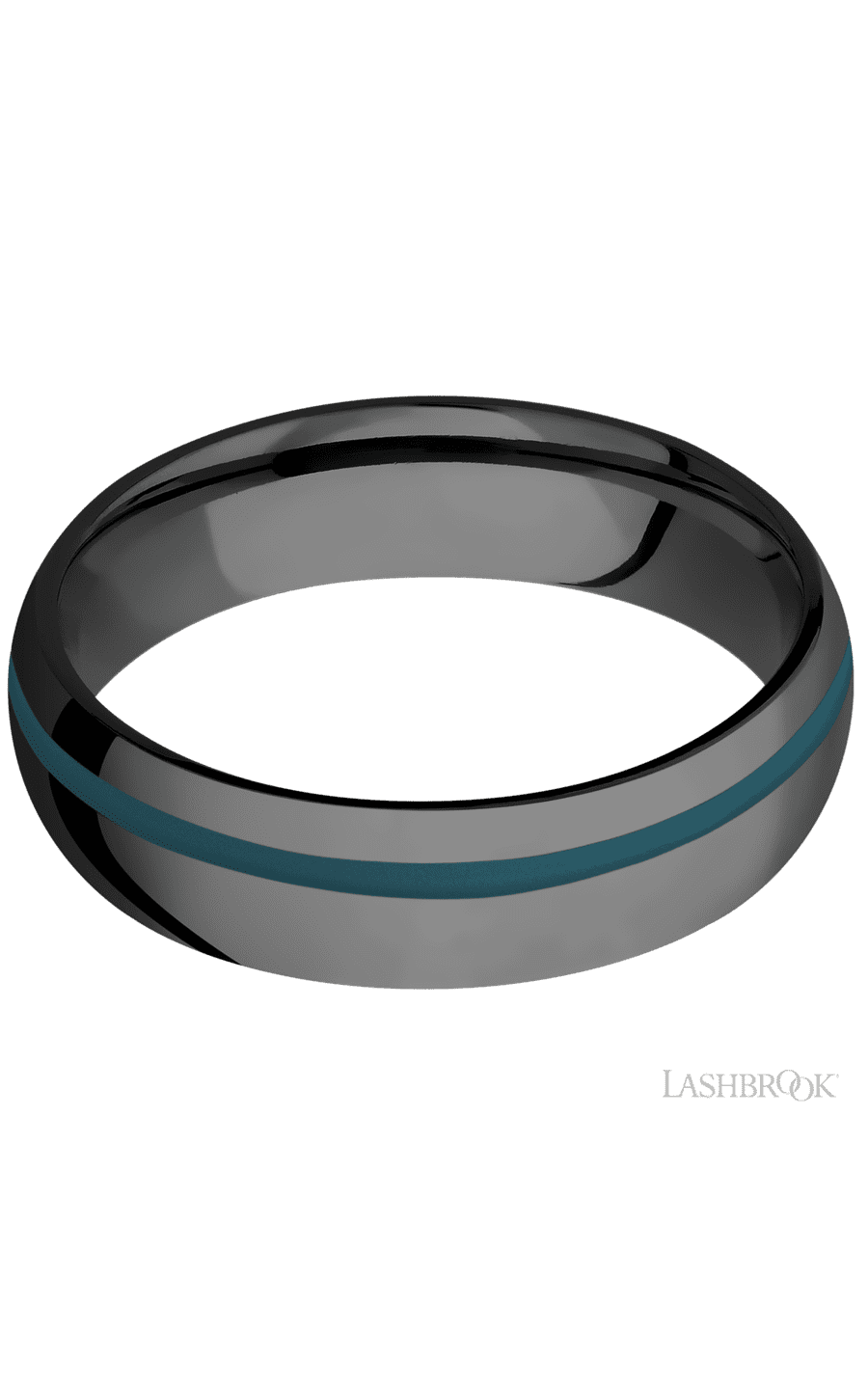 6 mm wide/Domed/Zirconium band with one 1 mm Off Center inlay of Ridgeway Blue.