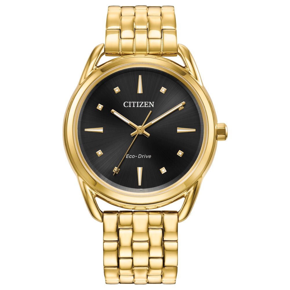 Gold Tone, Eco-Drive, Black Dial, Mineral Crystal by Citizen