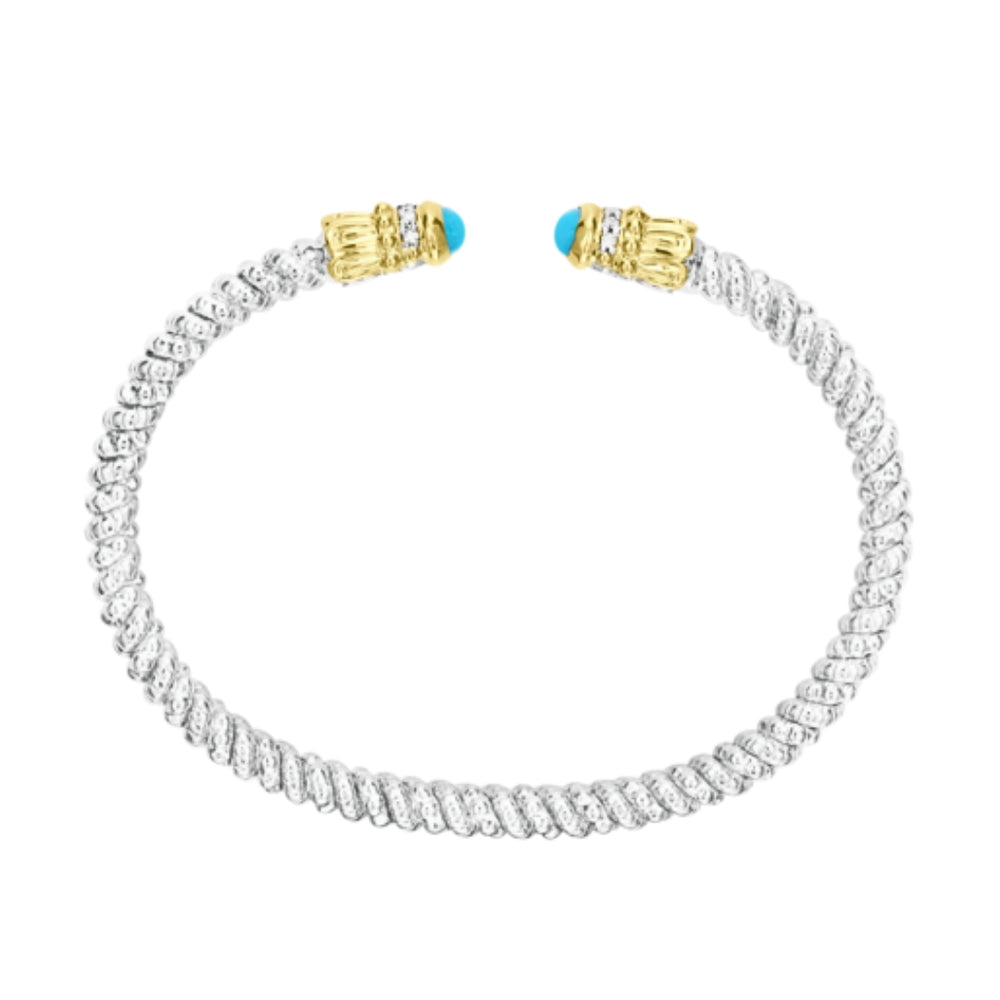 Sterling Silver & 14K Yellow Gold 0.08cttw Turquoise 3mm Open Bracelet by Vahan