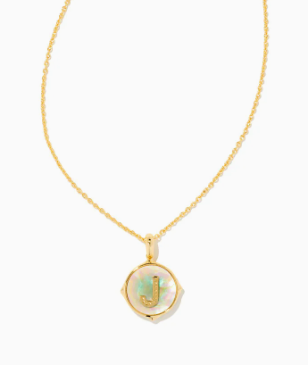 Letter J Gold Plated Disc Pendant in Iridescent Abalone by Kendra Scott