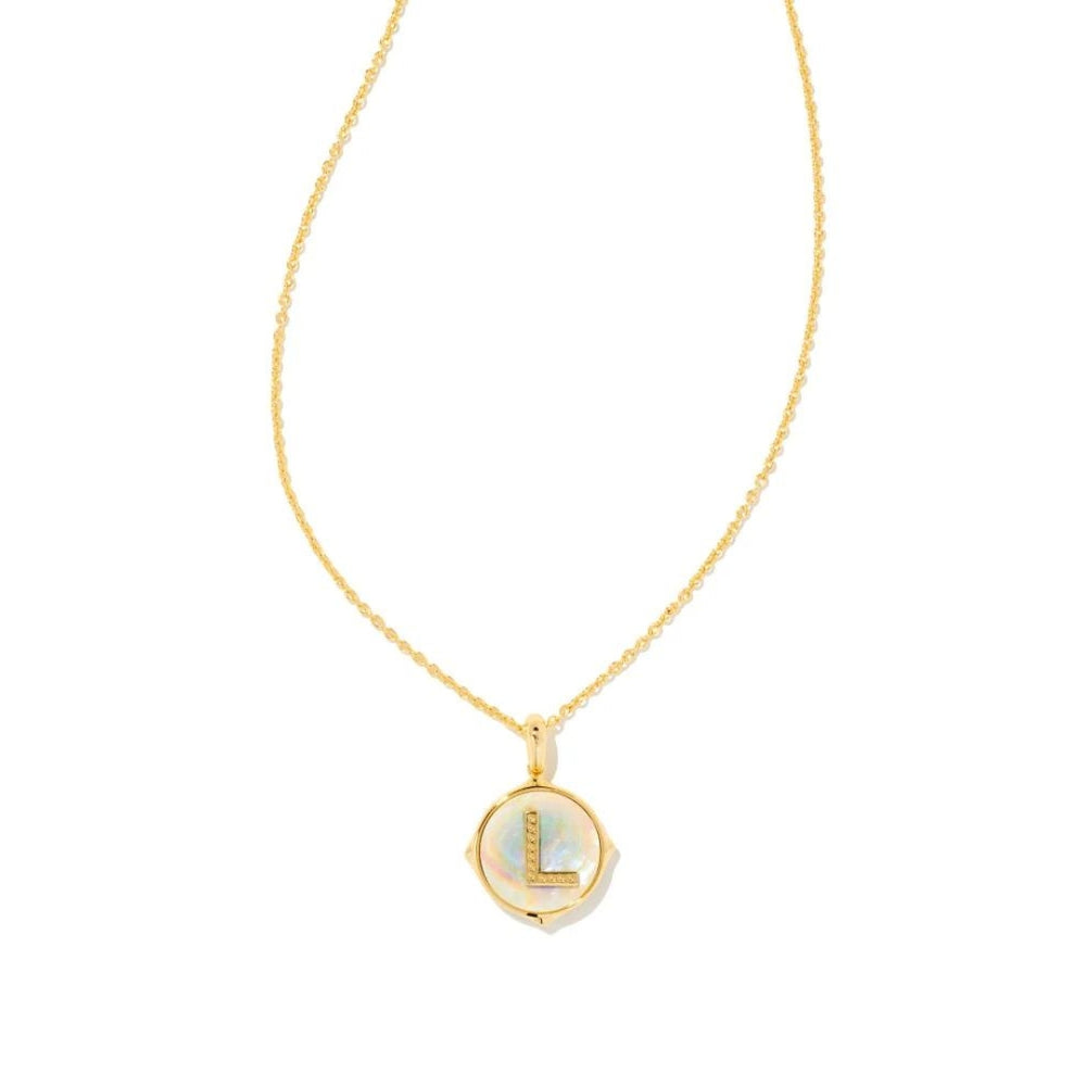Letter L Gold Plated Disc Pendant in Iridescent Abalone by Kendra Scott
