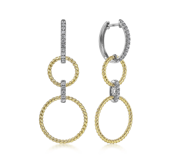 14K White-Yellow Gold Twisted Rope & 0.33cttw SI G-H Diamond Open Circle Huggie Earrings