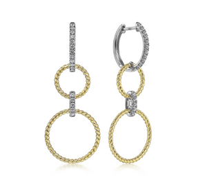 14K White-Yellow Gold Twisted Rope & 0.32cttw SI2 G-H Diamond Open Circle Huggie Earrings