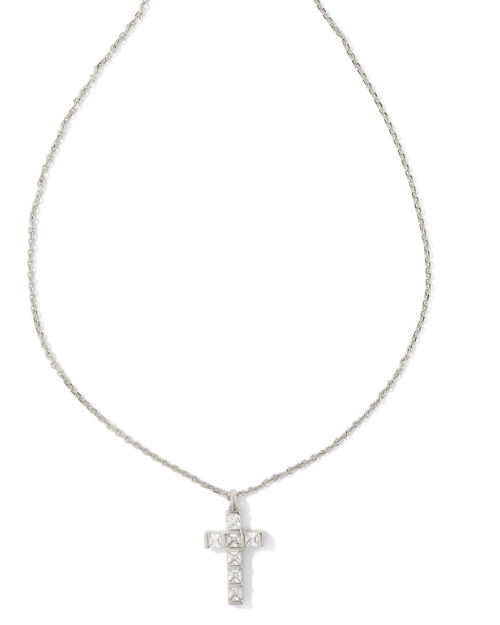 Gracie Rhodium Plated Cross Short Pendant Necklace with White Crystal by Kendra Scott