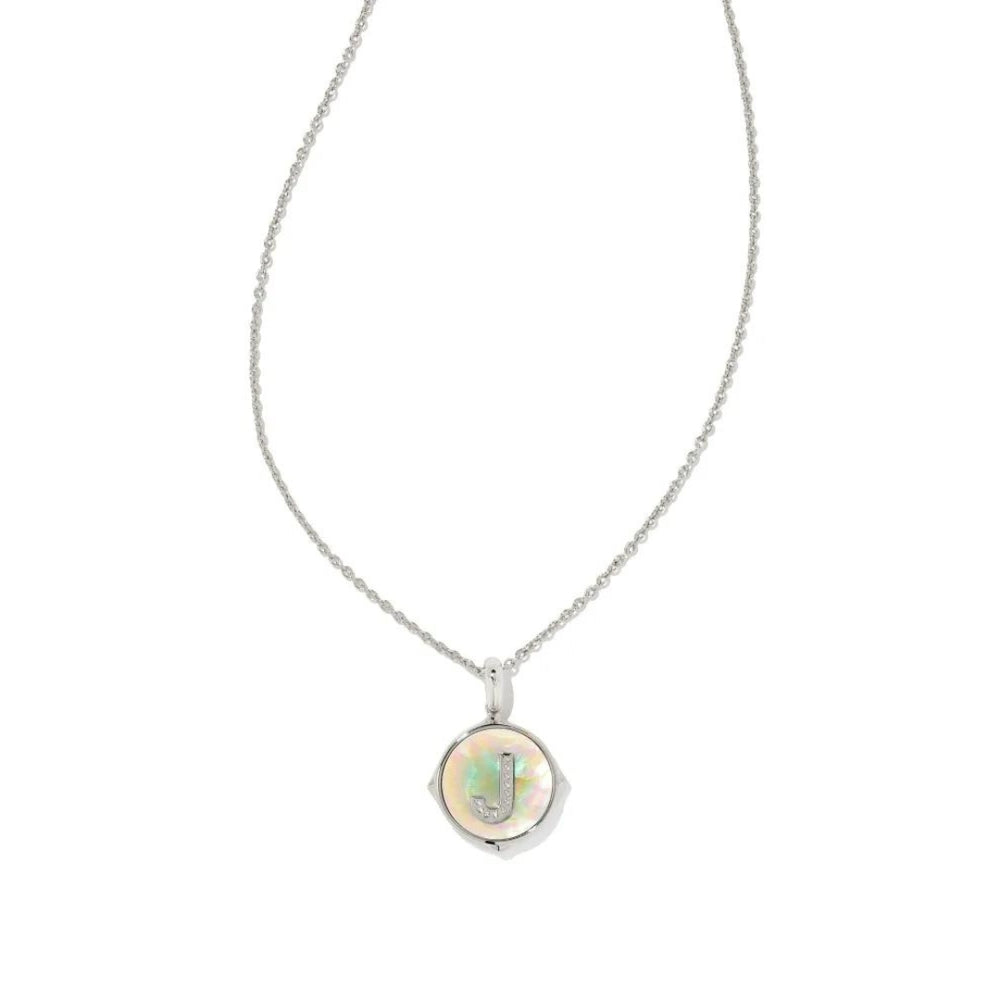 Letter J Silver Disc Reversible Necklace in Iridescent Abalone by Kendra Scott