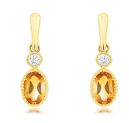 14K Yellow Gold 0.25cttw Citrine & 0.05cttw Diamond Earrings by RJM