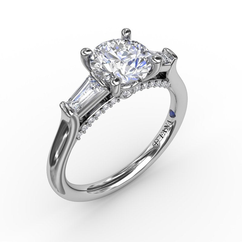 Three-Stone Round Diamond Engagement Semi-Mount Ring With Bezel-Set Baguettes