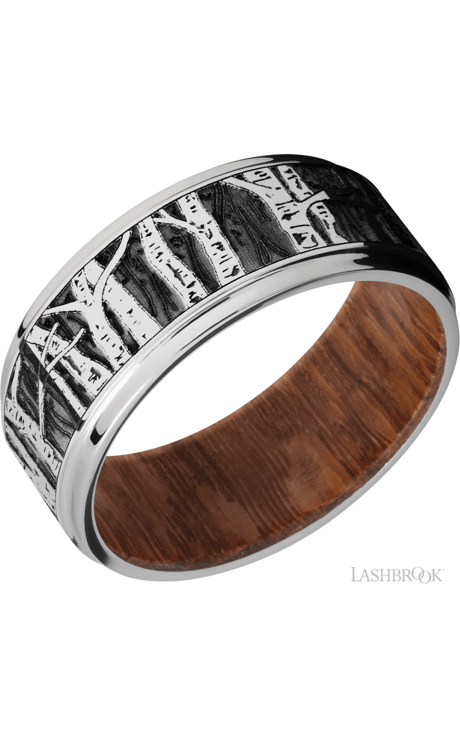 9 mm wide/Flat Grooved Edges/Cobalt Chrome band with a laser carved Aspen pattern also featuring a Leopard Wood sleeve.
