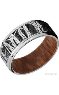 9 mm wide/Flat Grooved Edges/Cobalt Chrome band with a laser carved Aspen pattern also featuring a Leopard Wood sleeve.