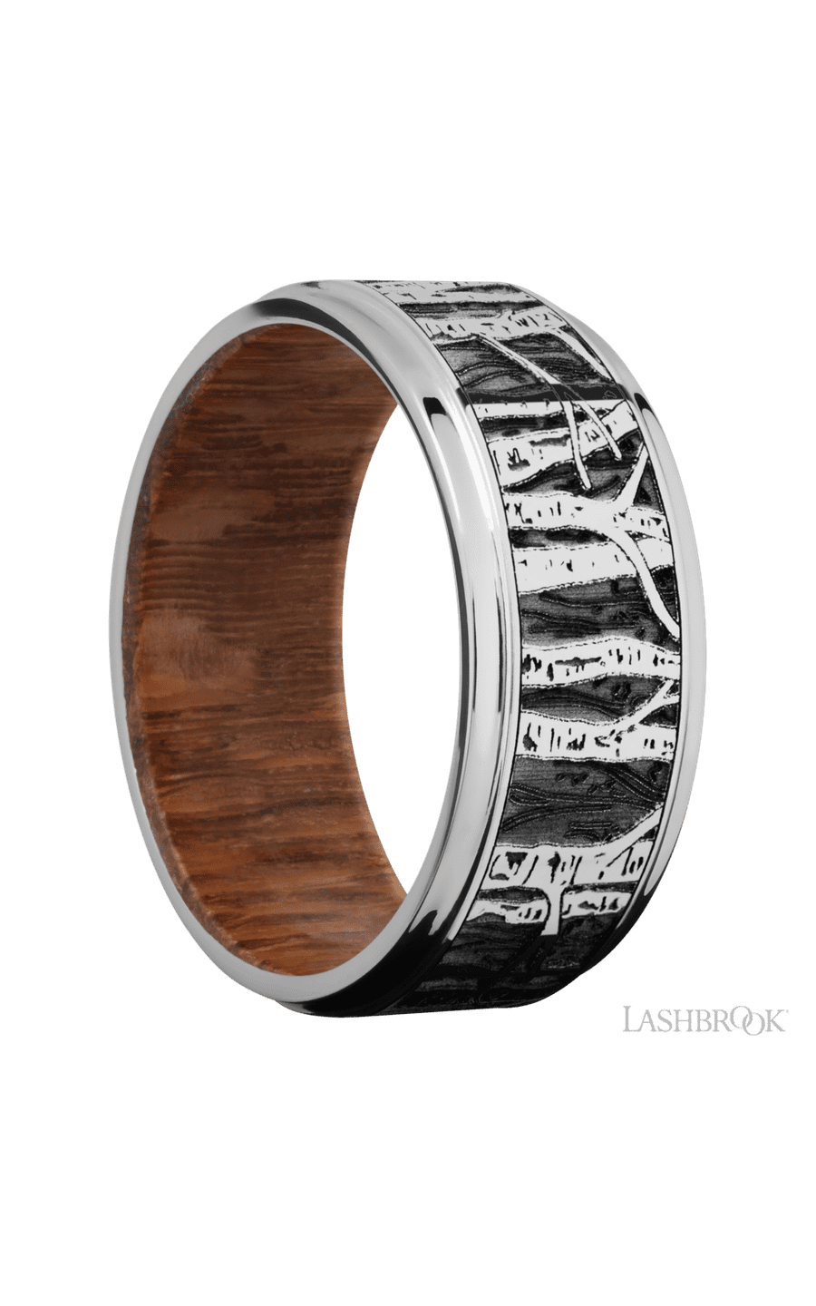 9 mm wide/Flat Grooved Edges/Cobalt Chrome band with a laser carved Aspen pattern also featuring a Leopard Wood sleeve.