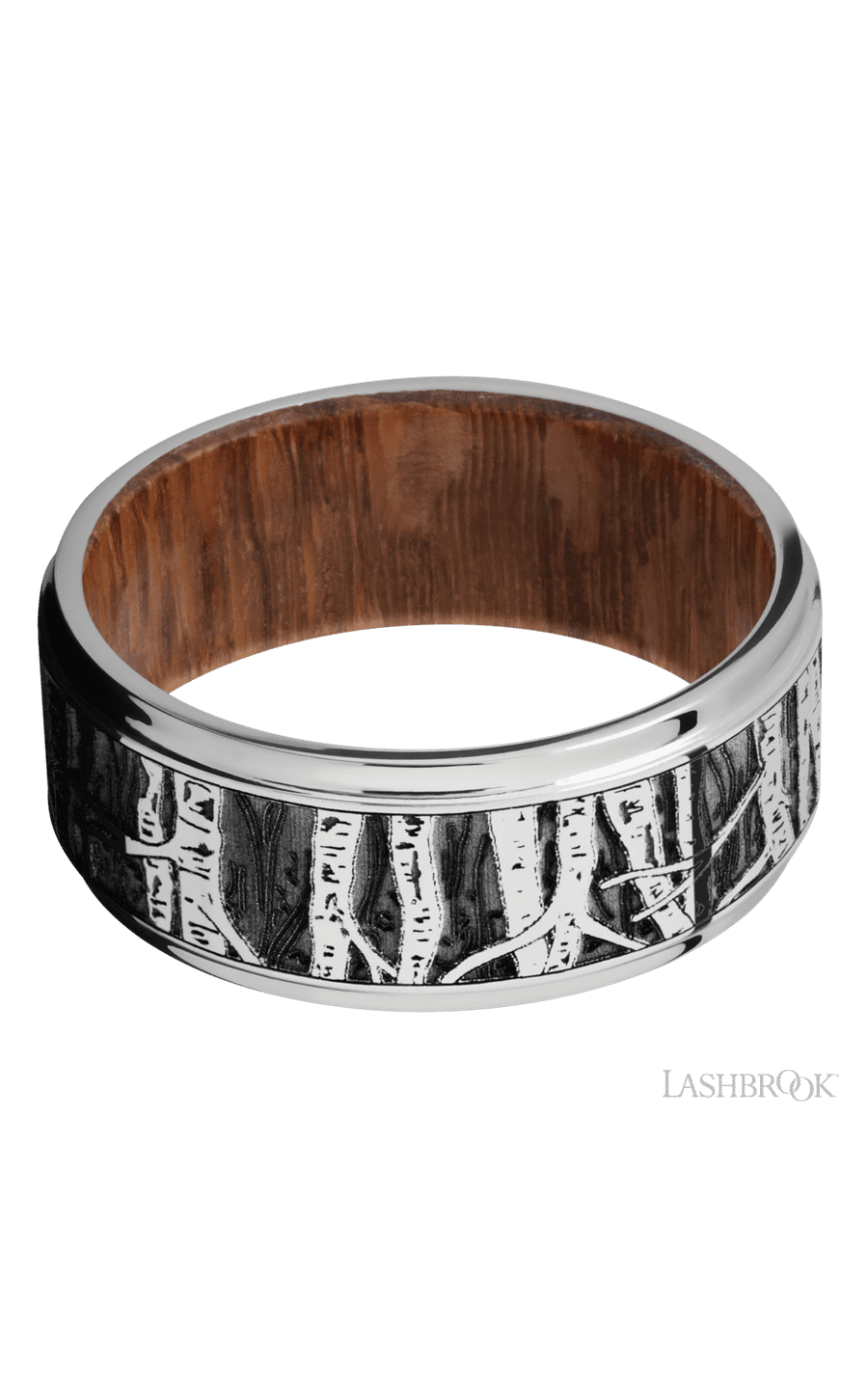 9 mm wide/Flat Grooved Edges/Cobalt Chrome band with a laser carved Aspen pattern also featuring a Leopard Wood sleeve.