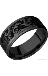 9 mm wide/Flat Grooved Edges/Zirconium band with a laser carved Black Leaf pattern.
