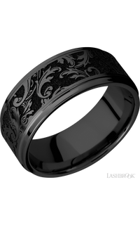 9 mm wide/Flat Grooved Edges/Zirconium band with a laser carved Black Leaf pattern.