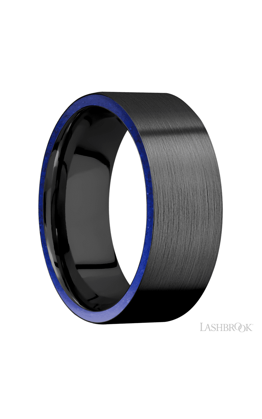8 mm wide/Flat/Zirconium band with two 1 mm Side inlays of Lapis.