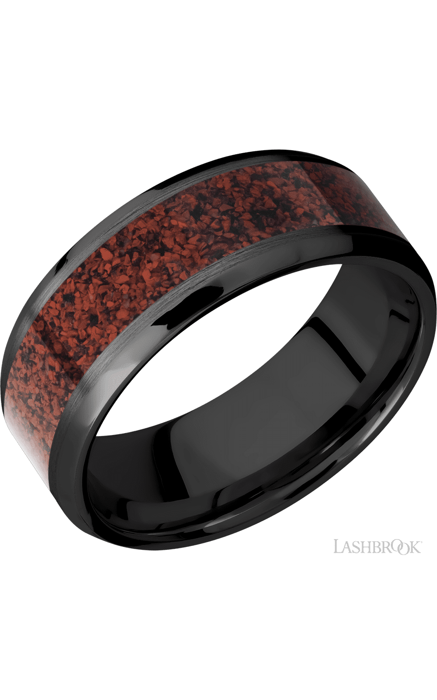 8 mm wide/Beveled/Zirconium band with one 5 mm Centered inlay of Dinosaur Bone Red.