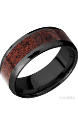 8 mm wide/Beveled/Zirconium band with one 5 mm Centered inlay of Dinosaur Bone Red.