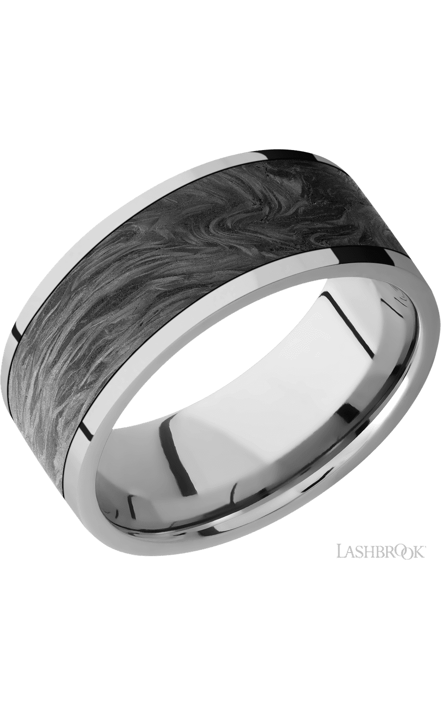 9 mm wide/Flat/Titanium band with one 7 mm Centered inlay of Forged Carbon Fiber.