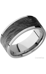 9 mm wide/Flat/Titanium band with one 7 mm Centered inlay of Forged Carbon Fiber.
