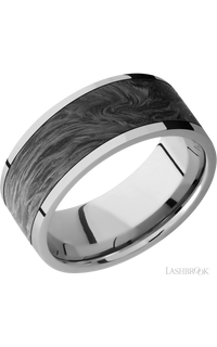 9 mm wide/Flat/Titanium band with one 7 mm Centered inlay of Forged Carbon Fiber.