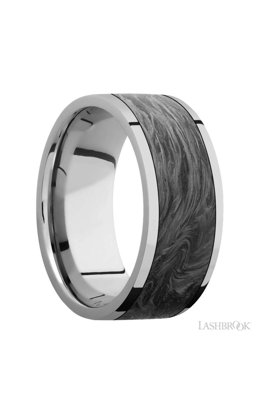 9 mm wide/Flat/Titanium band with one 7 mm Centered inlay of Forged Carbon Fiber.