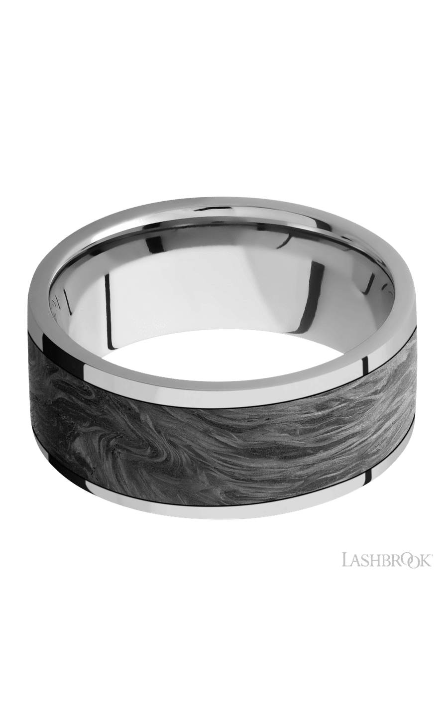 9 mm wide/Flat/Titanium band with one 7 mm Centered inlay of Forged Carbon Fiber.