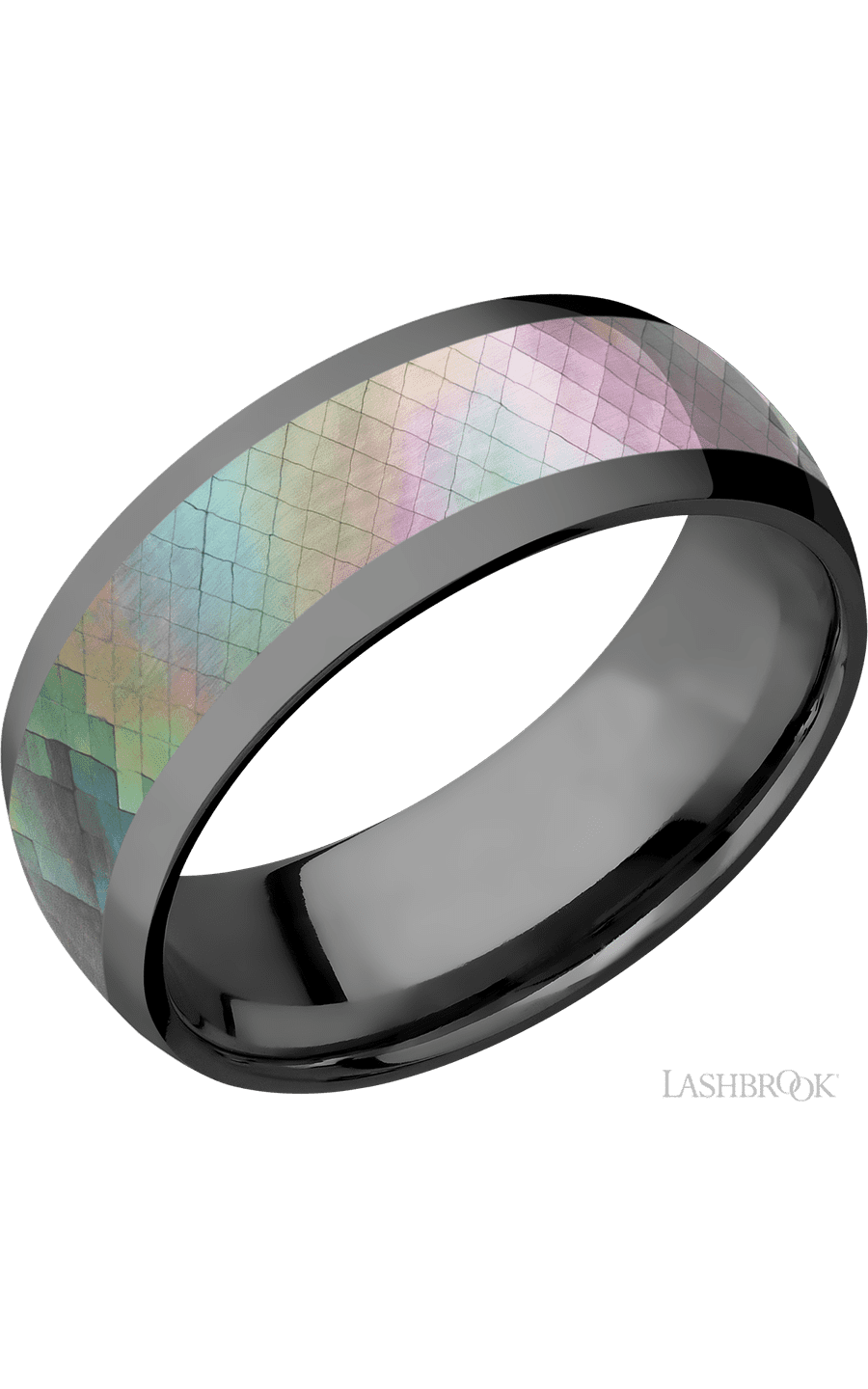 8 mm wide/Domed/Zirconium band with one 5 mm Centered inlay of Black Mother of Pearl.