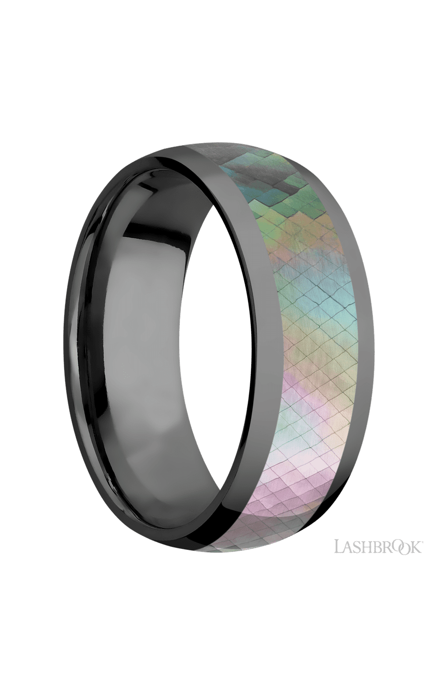 8 mm wide/Domed/Zirconium band with one 5 mm Centered inlay of Black Mother of Pearl.