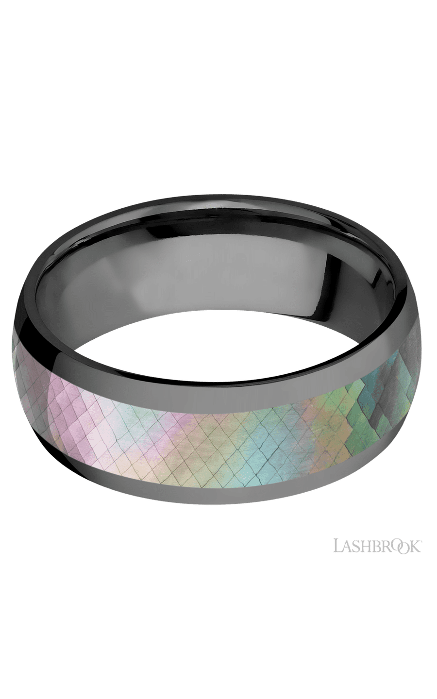 8 mm wide/Domed/Zirconium band with one 5 mm Centered inlay of Black Mother of Pearl.
