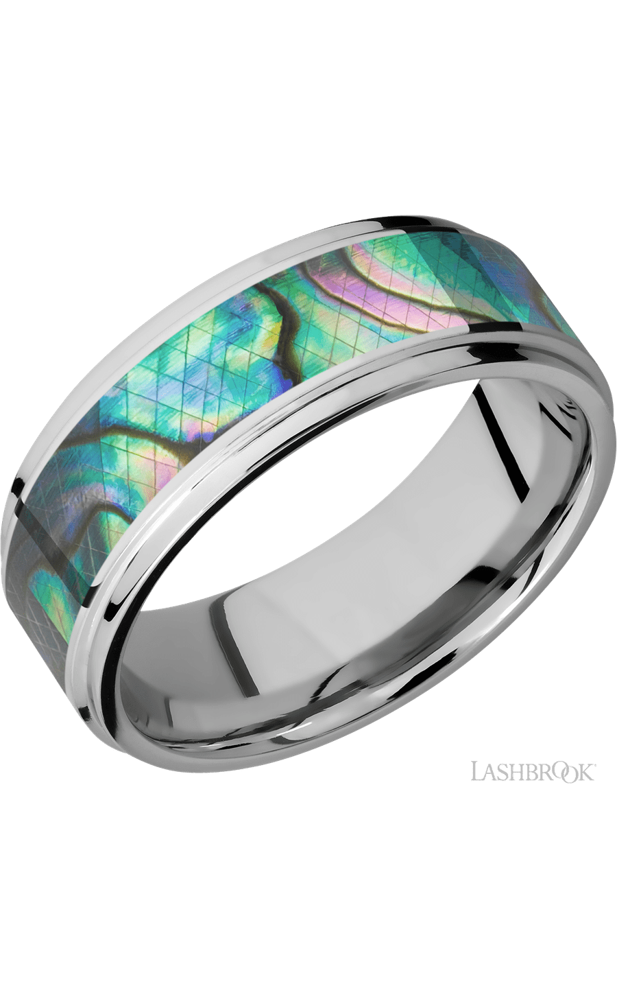 8 mm wide/Flat Grooved Edges/Cobalt Chrome band with one 5 mm Centered inlay of Abalone.