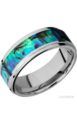 8 mm wide/Flat Grooved Edges/Cobalt Chrome band with one 5 mm Centered inlay of Abalone.