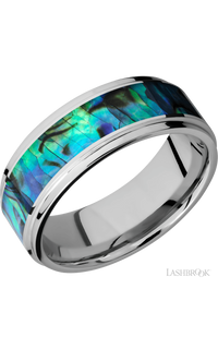 8 mm wide/Flat Grooved Edges/Cobalt Chrome band with one 5 mm Centered inlay of Abalone.