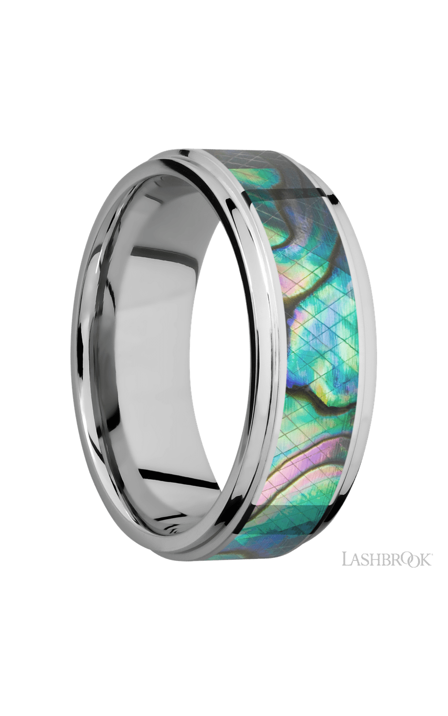 8 mm wide/Flat Grooved Edges/Cobalt Chrome band with one 5 mm Centered inlay of Abalone.