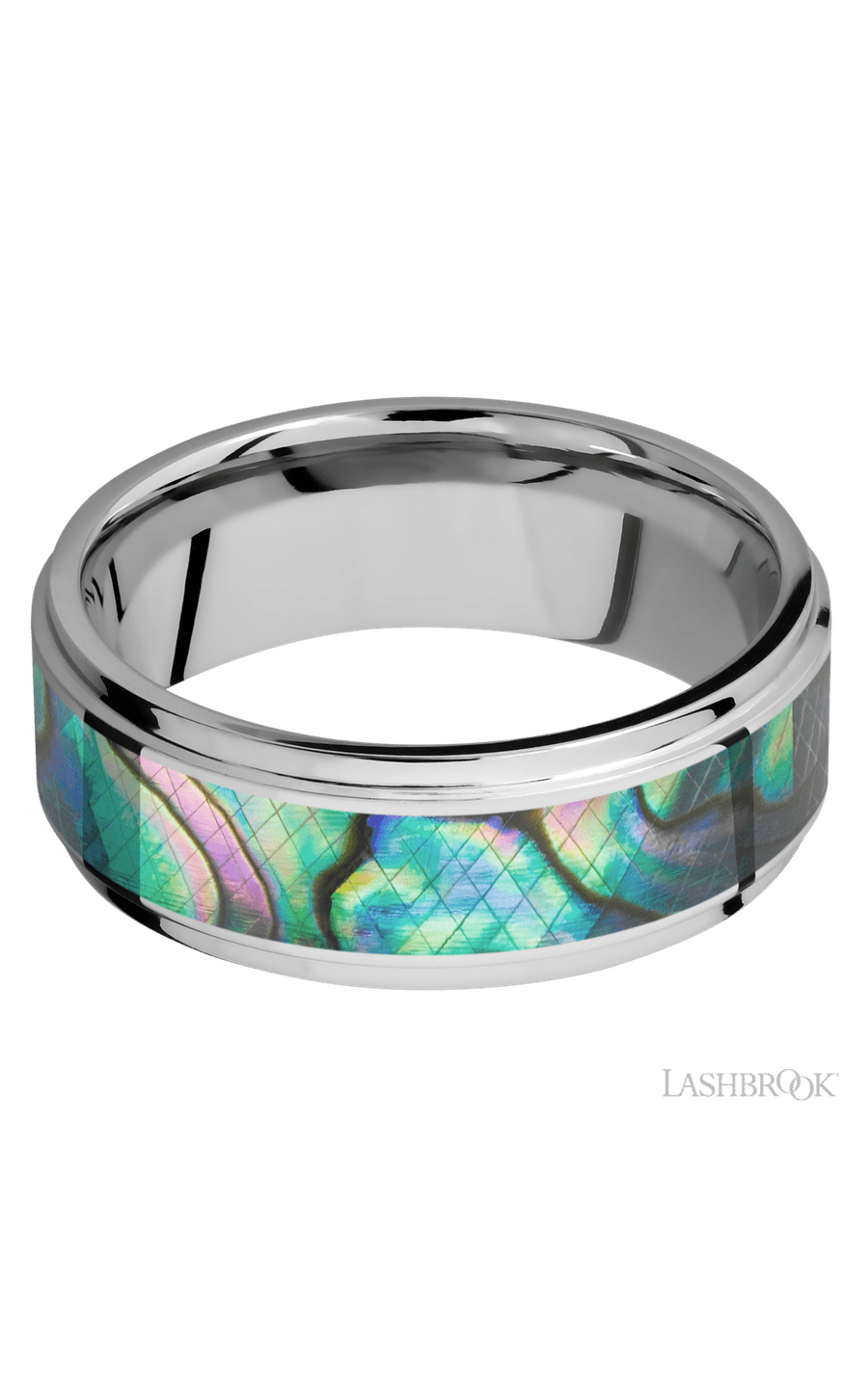 8 mm wide/Flat Grooved Edges/Cobalt Chrome band with one 5 mm Centered inlay of Abalone.