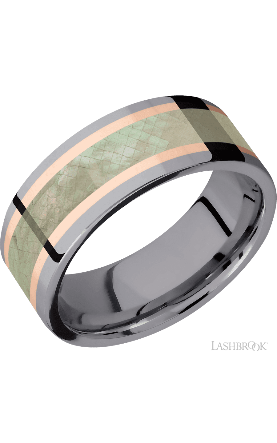 8 mm wide/Flat/Tantalum band featuring inlays of 14K Rose Gold and Freshwater Mother of Pearl.