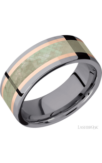 8 mm wide/Flat/Tantalum band featuring inlays of 14K Rose Gold and Freshwater Mother of Pearl.