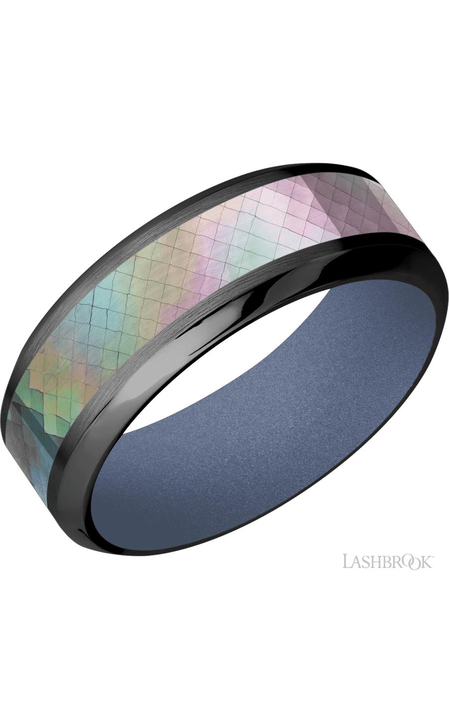 8 mm wide/High Bevel/Zirconium band with one 4 mm Centered inlay of Black Mother of Pearl also featuring a Crushed Orchid sleeve.