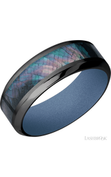8 mm wide/High Bevel/Zirconium band with one 4 mm Centered inlay of Black Mother of Pearl also featuring a Crushed Orchid sleeve.