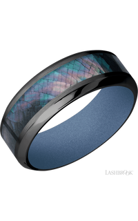 8 mm wide/High Bevel/Zirconium band with one 4 mm Centered inlay of Black Mother of Pearl also featuring a Crushed Orchid sleeve.