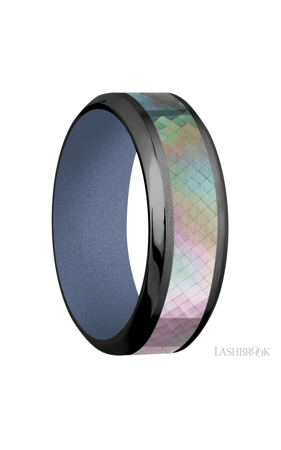 8 mm wide/High Bevel/Zirconium band with one 4 mm Centered inlay of Black Mother of Pearl also featuring a Crushed Orchid sleeve.