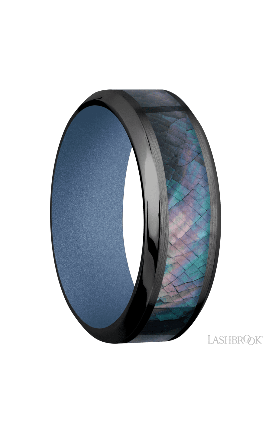 8 mm wide/High Bevel/Zirconium band with one 4 mm Centered inlay of Black Mother of Pearl also featuring a Crushed Orchid sleeve.