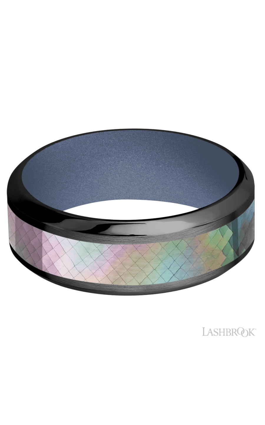 8 mm wide/High Bevel/Zirconium band with one 4 mm Centered inlay of Black Mother of Pearl also featuring a Crushed Orchid sleeve.