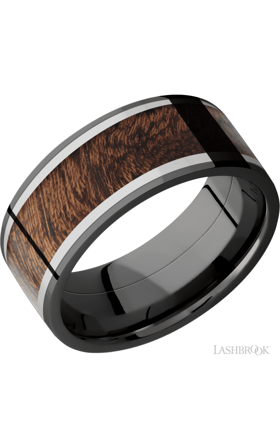 9 mm wide/Flat/Zirconium band featuring inlays of Titanium and Sapele.