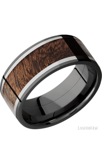 9 mm wide/Flat/Zirconium band featuring inlays of Titanium and Sapele.