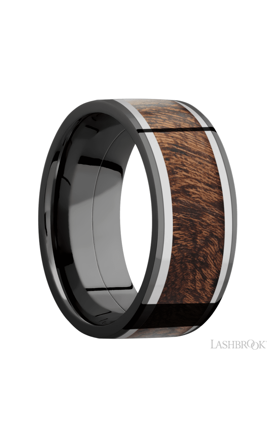 9 mm wide/Flat/Zirconium band featuring inlays of Titanium and Sapele.